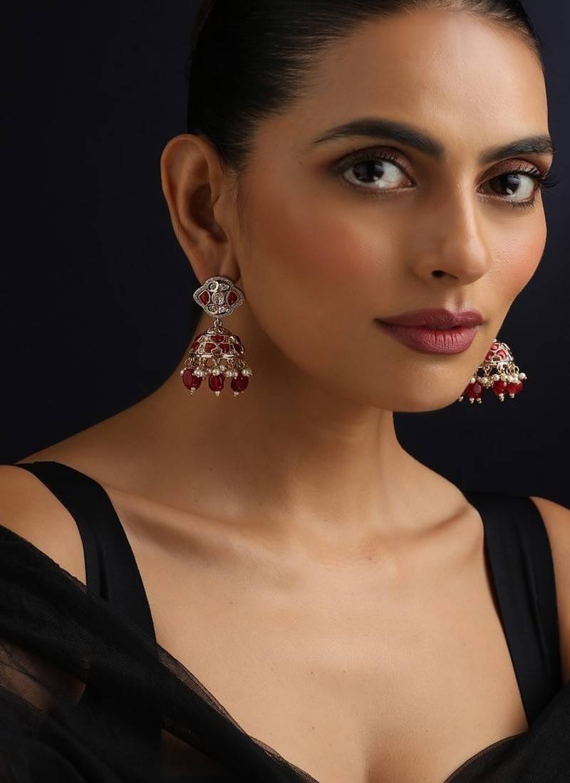 gold plated Kundan Red Stones jhumkas 