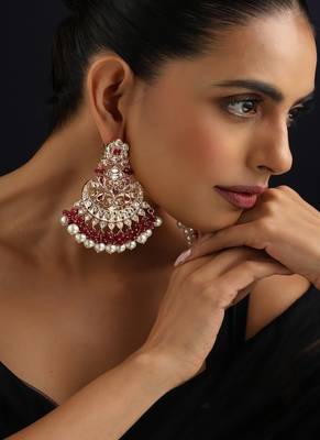 Gold plated kundan red stones Chandbali earrings 1