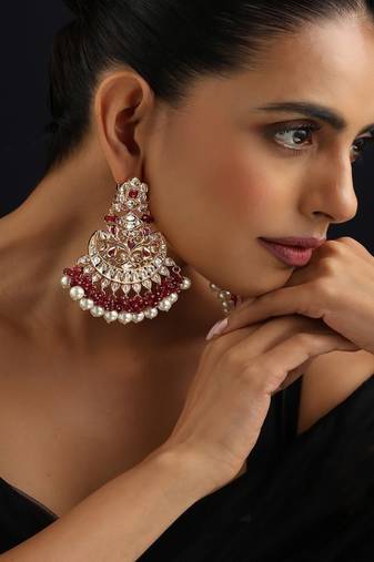 Gold plated kundan red stones Chandbali earrings