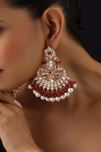 Gold plated kundan red stones Chandbali earrings
