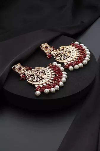 Gold plated kundan red stones Chandbali earrings
