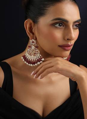 Gold plated kundan red stones Chandbali earrings 5