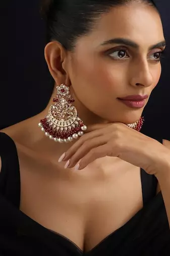 Gold plated kundan red stones Chandbali earrings