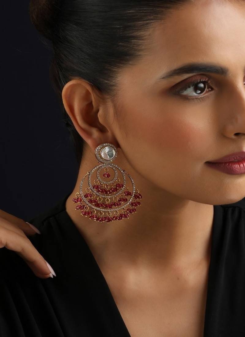 Gold plated red stone polki earrings