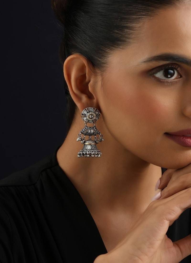 Silver plated kundan jhumkas