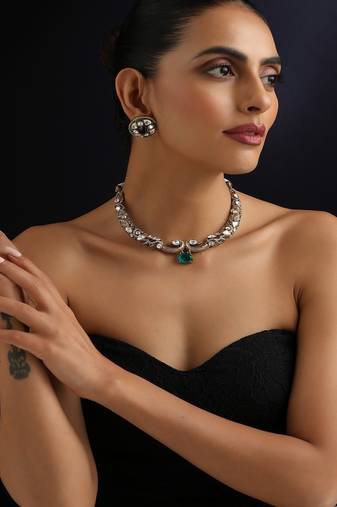 Gold plated kundan green stones necklace set