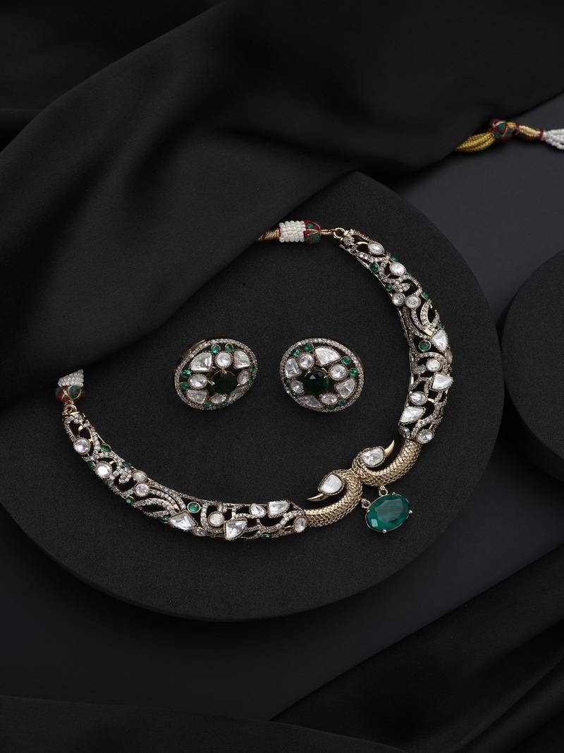Gold plated kundan green stones necklace set