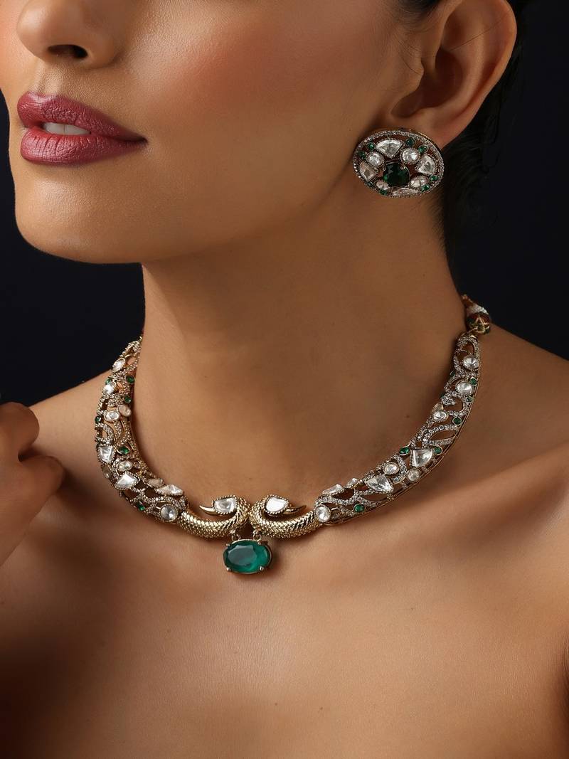 Gold plated kundan green stones necklace set
