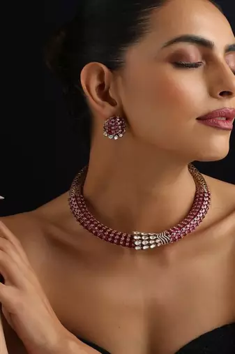 Gold plated red stone polki necklace set
