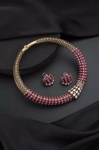 Gold plated red stone polki necklace set