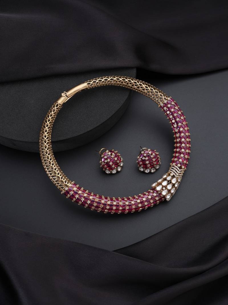 Gold plated red stone polki necklace set