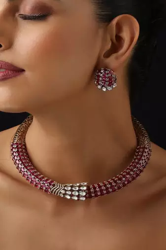 Gold plated red stone polki necklace set