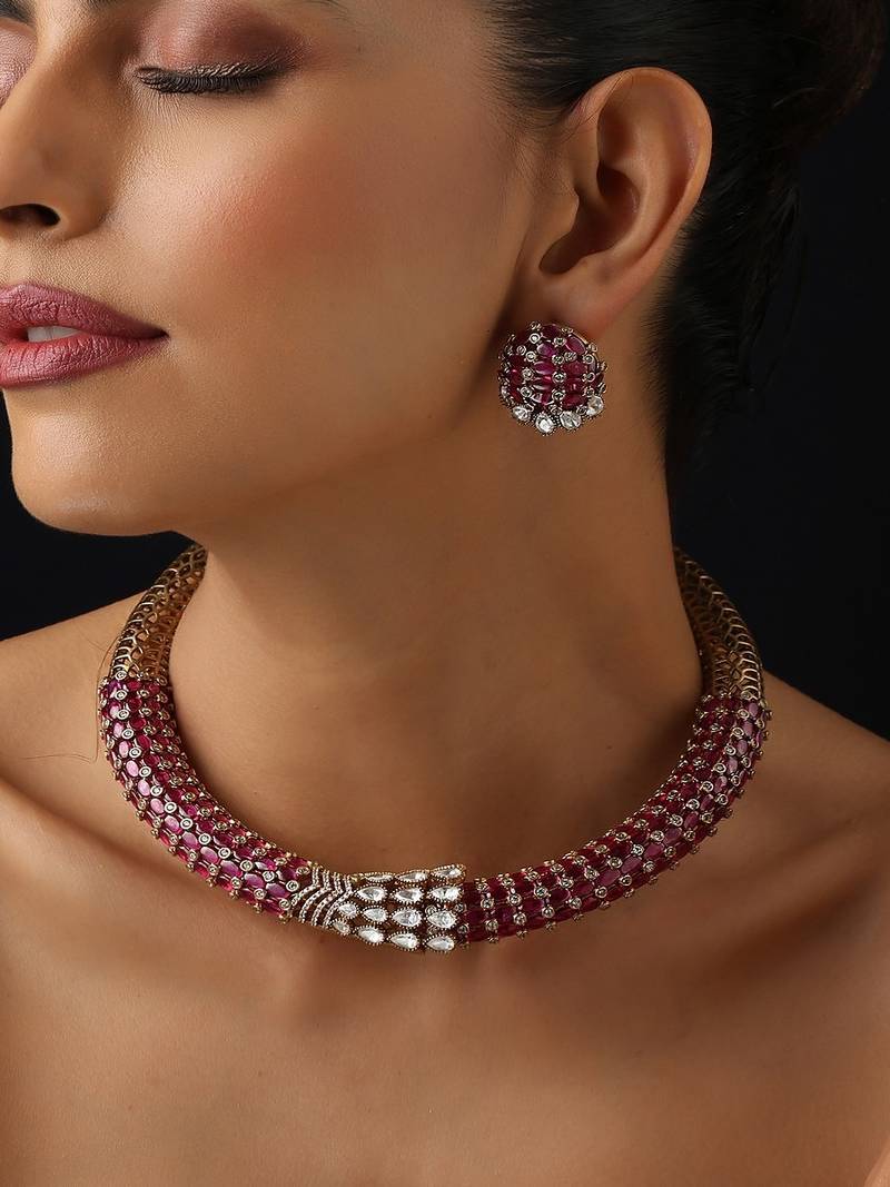 Gold plated red stone polki necklace set