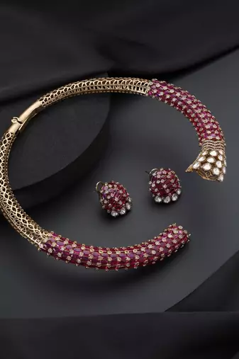 Gold plated red stone polki necklace set