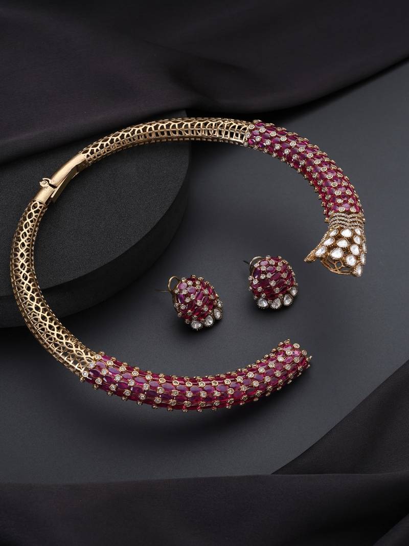 Gold plated red stone polki necklace set