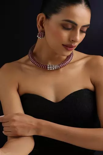 Gold plated red stone polki necklace set