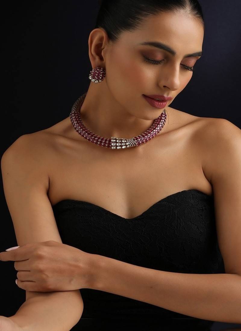 Gold plated red stone polki necklace set