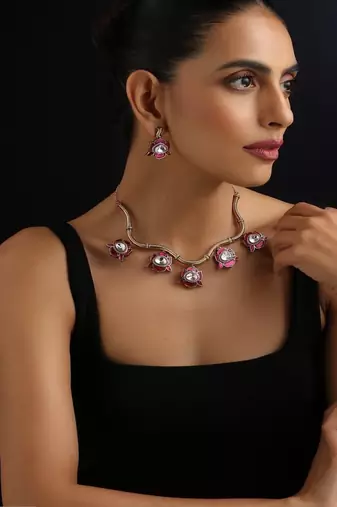 Gold plated red stone Kundan necklace set