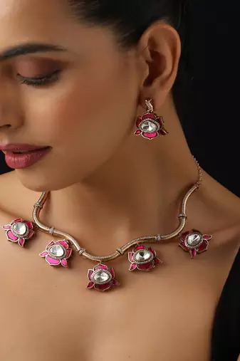 Gold plated red stone Kundan necklace set