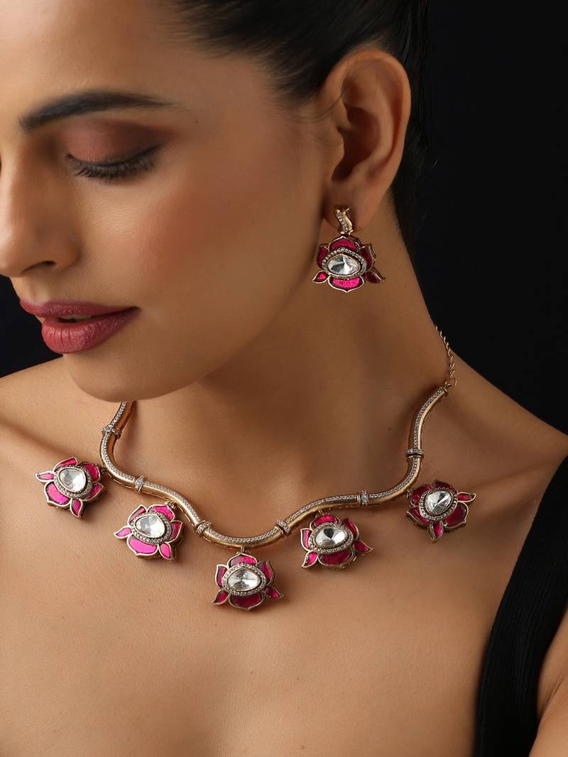 Gold plated red stone Kundan necklace set