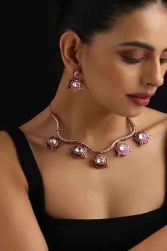 Gold plated red stone Kundan necklace set