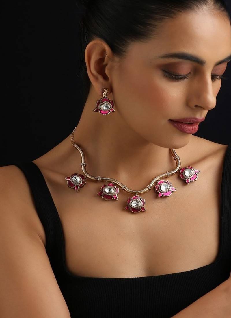 Gold plated red stone Kundan necklace set