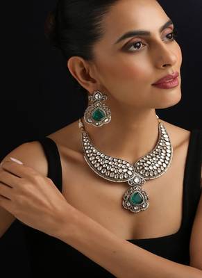 Gold plated green stone polki necklace set 1