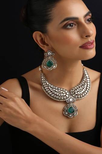 Gold plated green stone polki necklace set