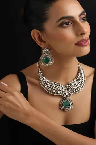 Gold plated green stone polki necklace set