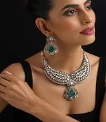 Gold plated green stone polki necklace set