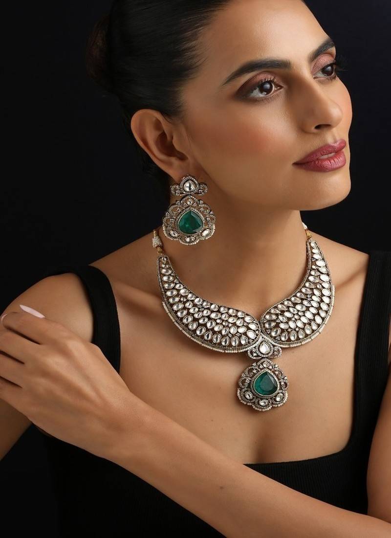 Gold plated green stone polki necklace set