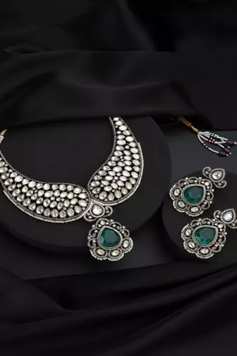 Gold plated green stone polki necklace set