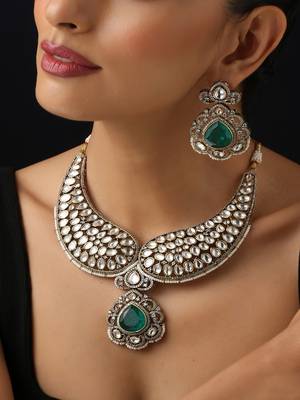 Gold plated green stone polki necklace set 3