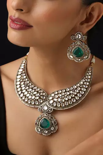 Gold plated green stone polki necklace set