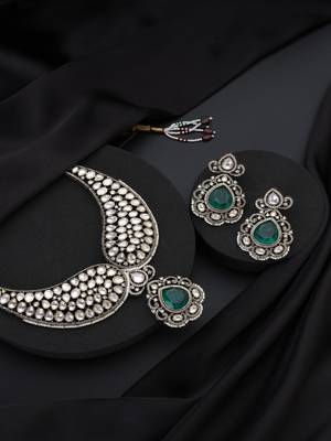 Gold plated green stone polki necklace set 4