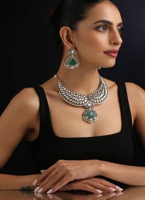 Gold plated green stone polki necklace set 5