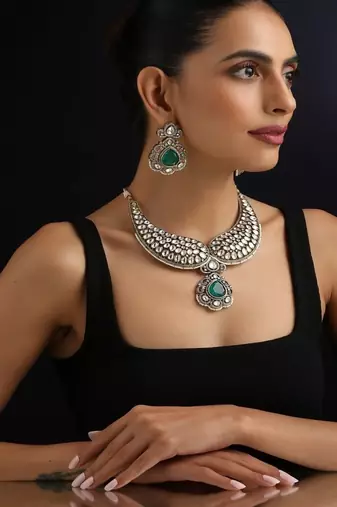 Gold plated green stone polki necklace set