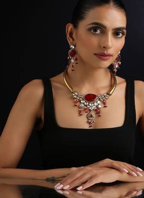 Gold plated red stone polki necklace set 1