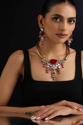 Gold plated red stone polki necklace set