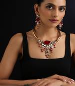 Gold plated red stone polki necklace set