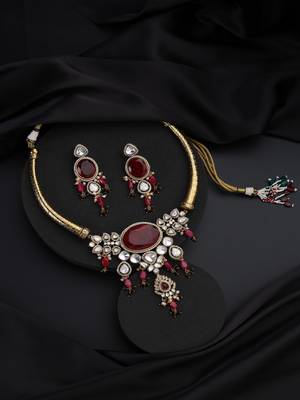 Gold plated red stone polki necklace set 2