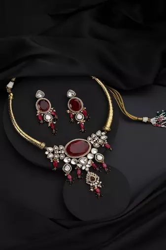 Gold plated red stone polki necklace set