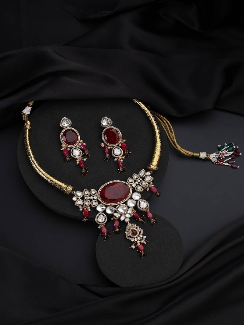 Gold plated red stone polki necklace set