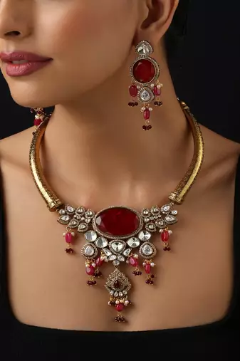 Gold plated red stone polki necklace set