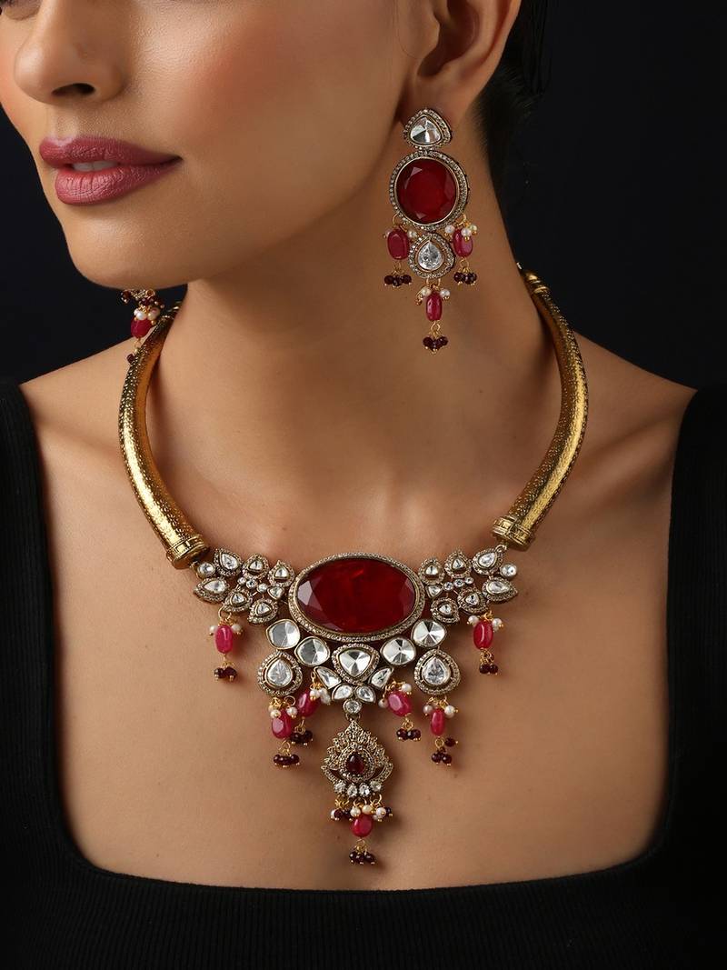 Gold plated red stone polki necklace set
