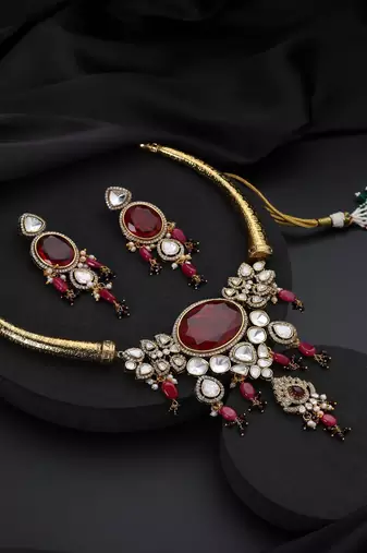 Gold plated red stone polki necklace set