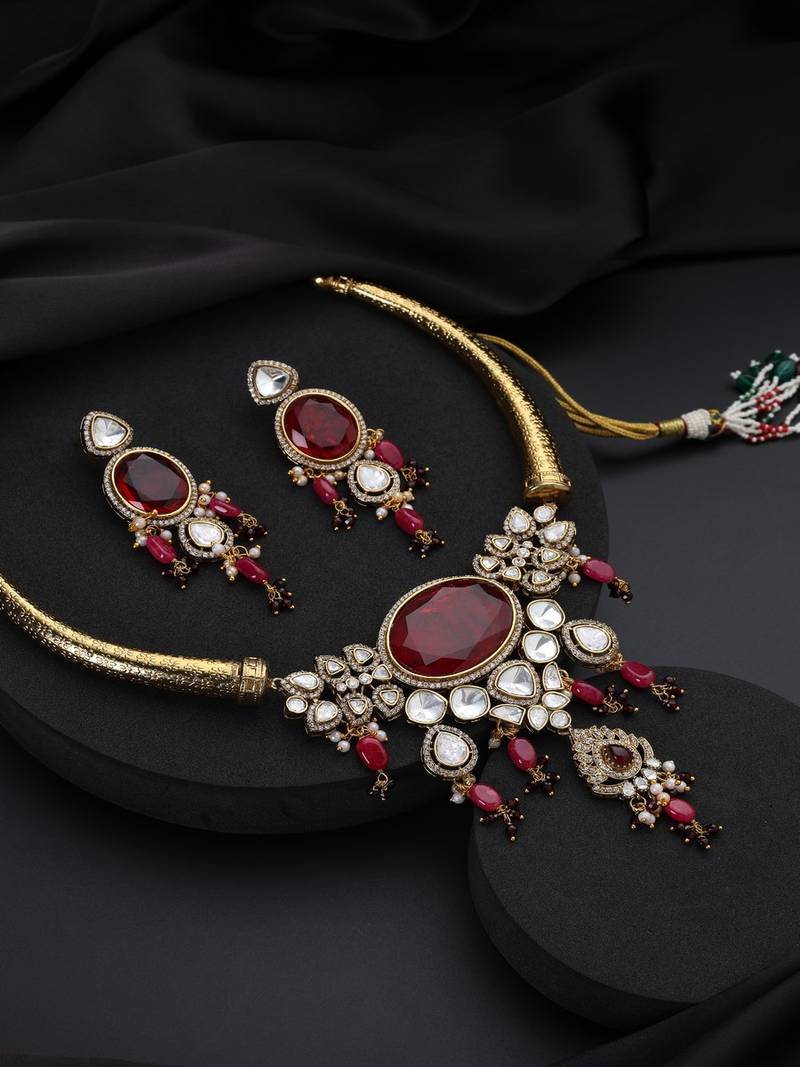 Gold plated red stone polki necklace set
