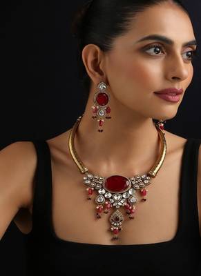Gold plated red stone polki necklace set 5