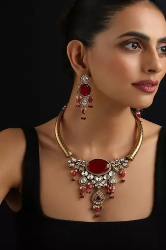 Gold plated red stone polki necklace set