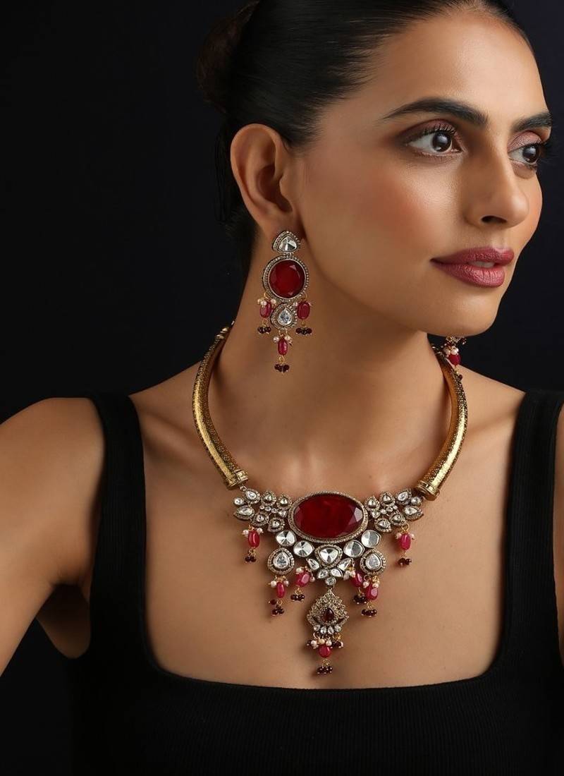 Gold plated red stone polki necklace set
